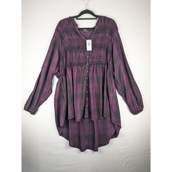 torrid Tops - NEW Torrid Tunic Size 3 Purple/Black Plaid Rayon Twill Smocked Button-Front Top